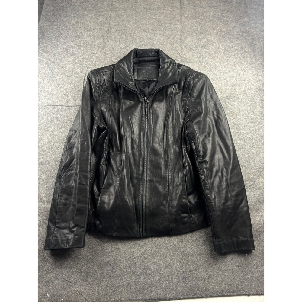 Avanti NY Womens XL Black Genuine Leather Full Zip Jacket Minimalist Tailored